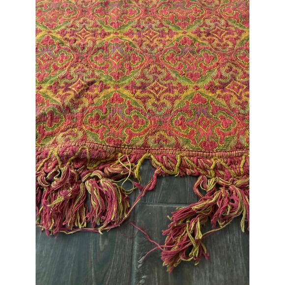 VTG 1970s Damask Bedspread Red Brocade Fringe Edging 78"x100" Boho Full Bedding - Picture 3 of 14